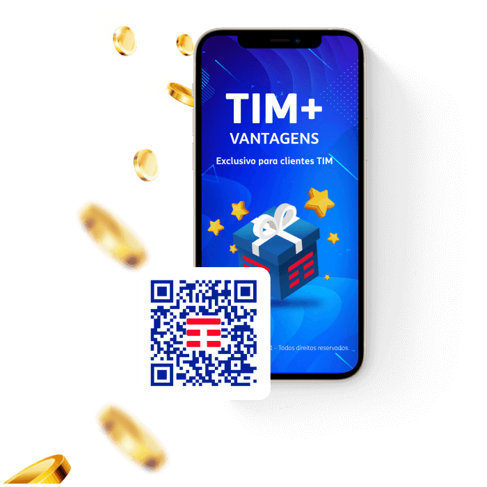 Lê-se: "TIM + Vantagens: Exclusivo para clientes TIM" em celular com presente, estrelas e QR Code.