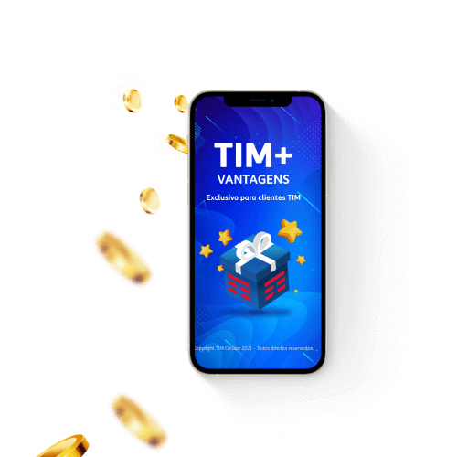 Lê-se: "TIM + Vantagens: Exclusivo para clientes TIM" em celular com presente, estrelas e QR Code.